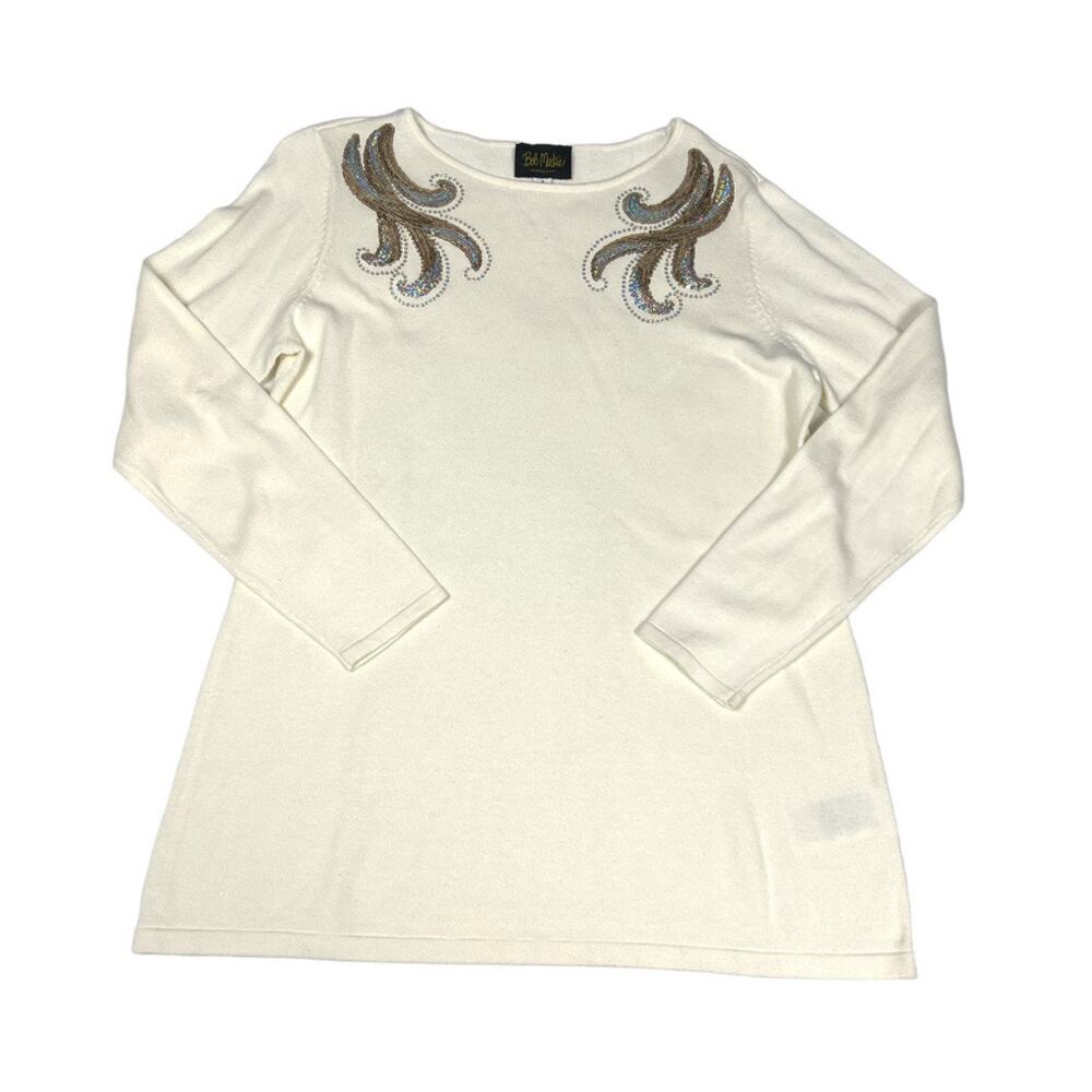 Bob Mackie Wearable Art Top Long Sleeve‎ Sequin Embroidered Knit Cream Women's S